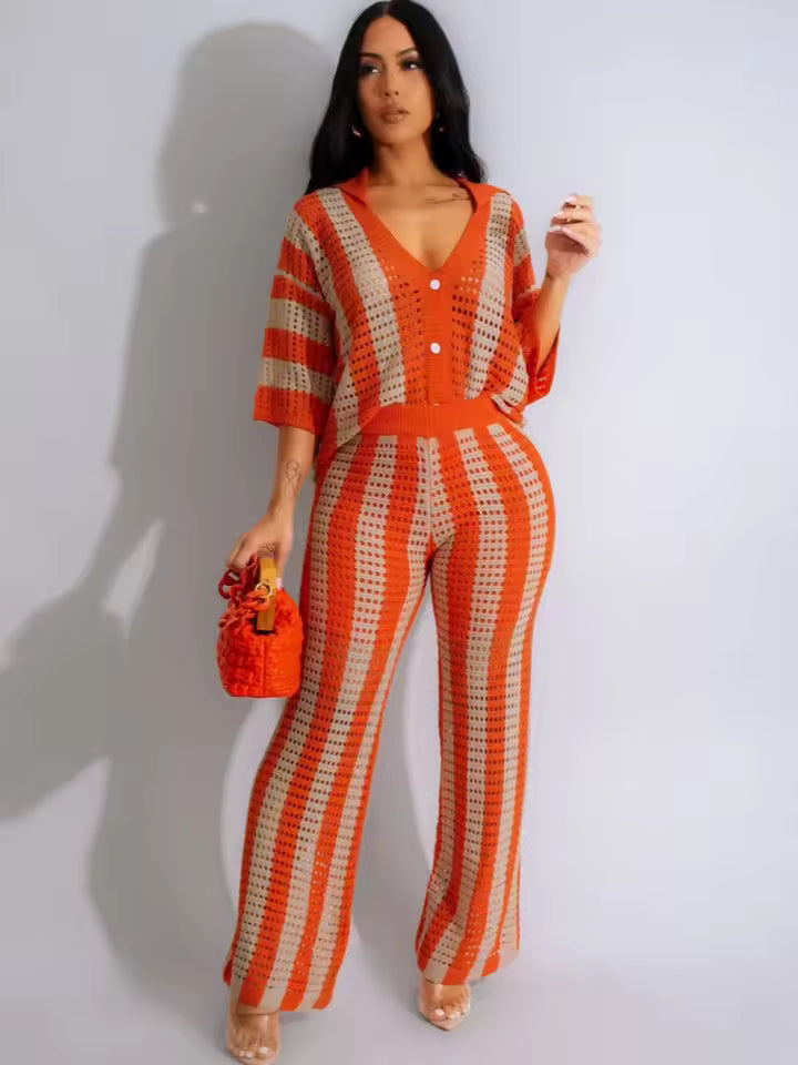 Sexy Women Knitted Set Two Pieces Set Short Sleeve