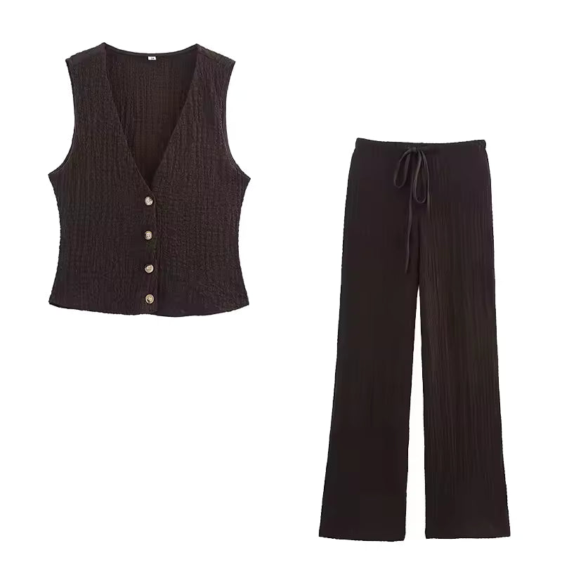 DUOPERI Women Textured 2 Pieces Sets Solid Vest And Trousers Female Chic Office Lady Waistcoat and Pants Coordinates