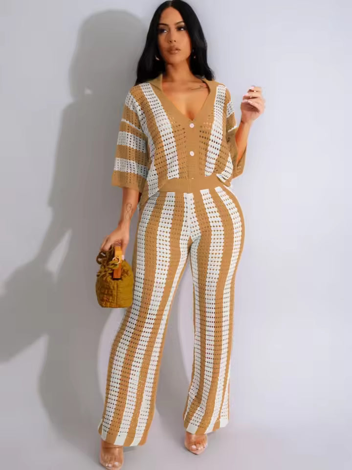 Sexy Women Knitted Set Two Pieces Set Short Sleeve