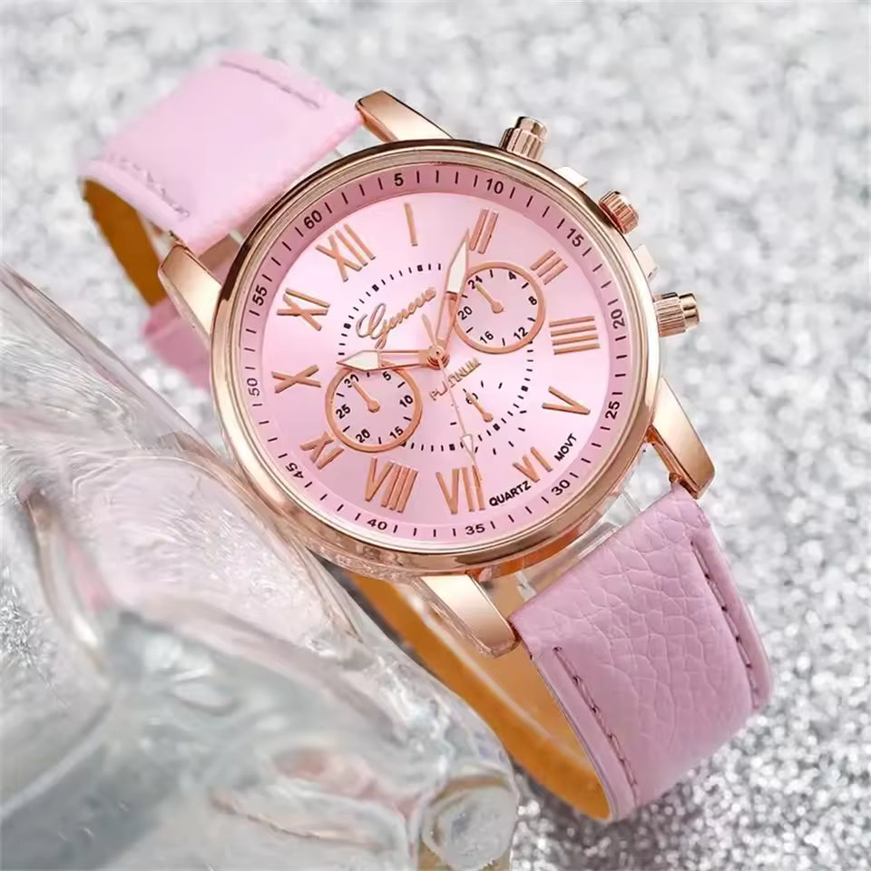 
Complete 6PCS Women’s Watch Set, Leather Bands and Rhinestone Jewelry Accents, Perfect Gift for Women