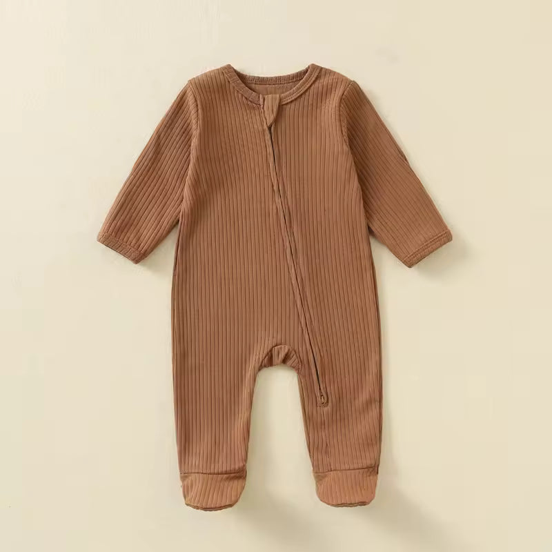 Baby Romper Long Sleeve Footed Cotton Zipper Front Outfit – Unisex Ribbed Jumpsuit for Newborn Spring & Fall Pajamas