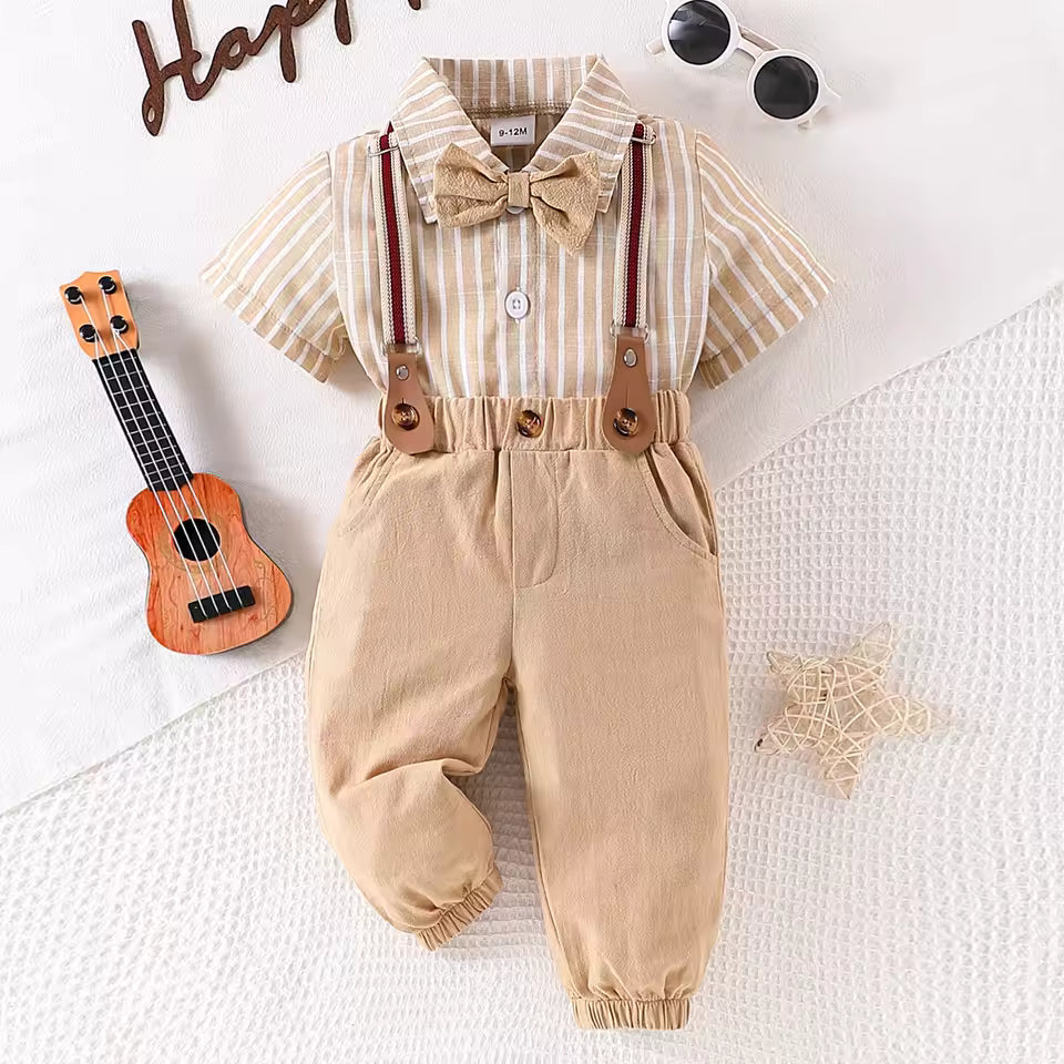 2-piece set of male baby short sleeved shirt, bow tie, tie and suspender, long pants