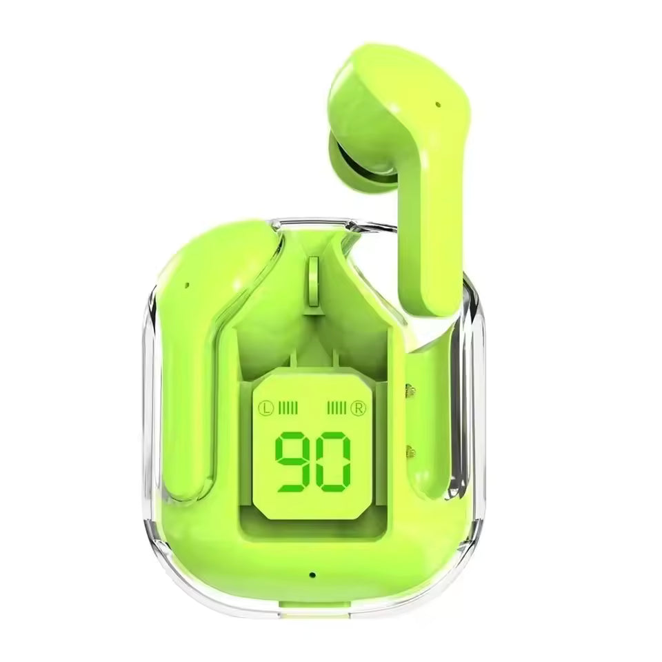 Translucent Bluetooth noise canceling earbuds with digital display case