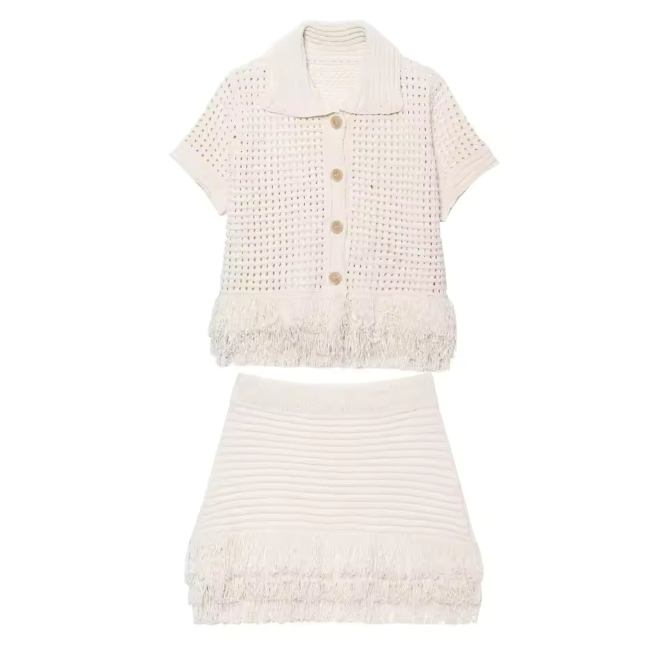 Elegant Knitted Tassel Solid Women Suit Chic Turndown Collar Hollow Out Shirt Elastic Wasit Mini Skirt